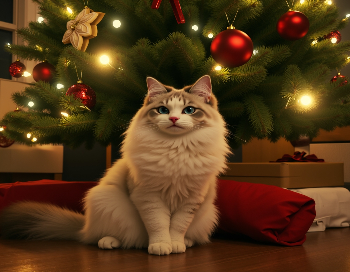 Cat sitting under a beautifully decorated Christmas tree, surrounded by twinkling lights, ornaments, and wrapped presents, with a warm, cozy glow.